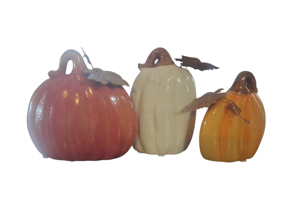 Kirklands Harvest collection 3 ceramic pumpkins attached leafs orange and cream